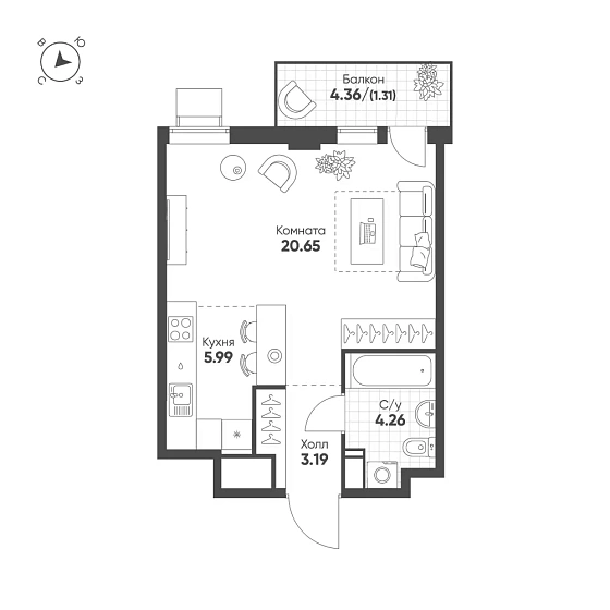 Квартира 1-комн. 35.4 кв. м
