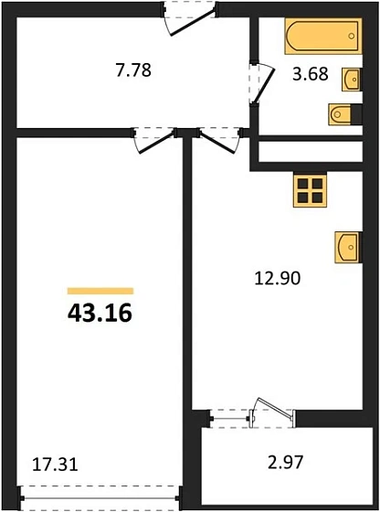 Квартира 1-комн. 43.16 кв. м