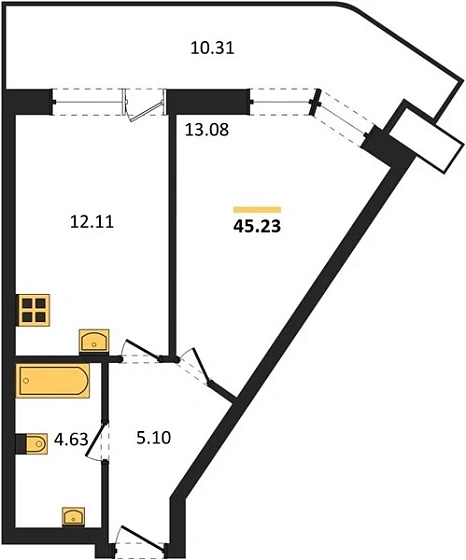 Апартаменты 1-комн. 45.23 кв. м