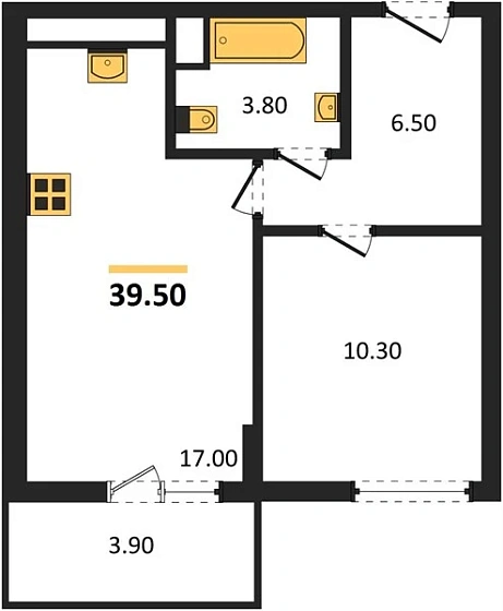 Квартира 1-комн. 39.5 кв. м