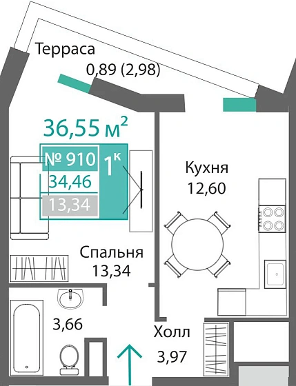 Квартира 1-комн. 34.46 кв.м