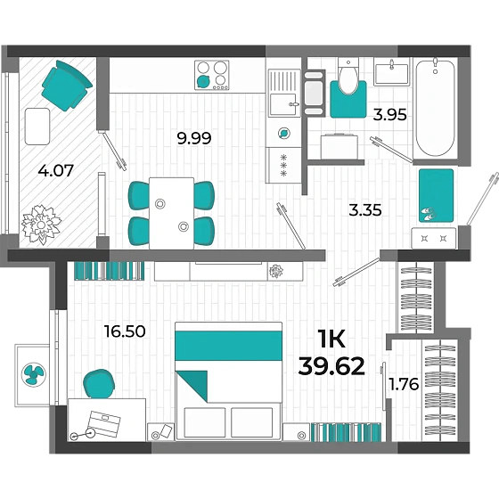 Квартира 1-комн. 39.62 кв. м