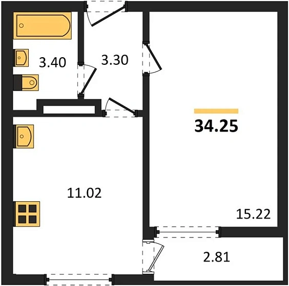 Квартира 1-комн. 34.25 кв. м