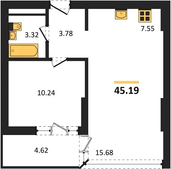 Квартира 2-комн. 45.19 кв. м