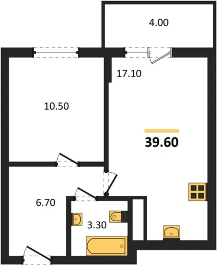 Квартира 1-комн. 39.6 кв. м