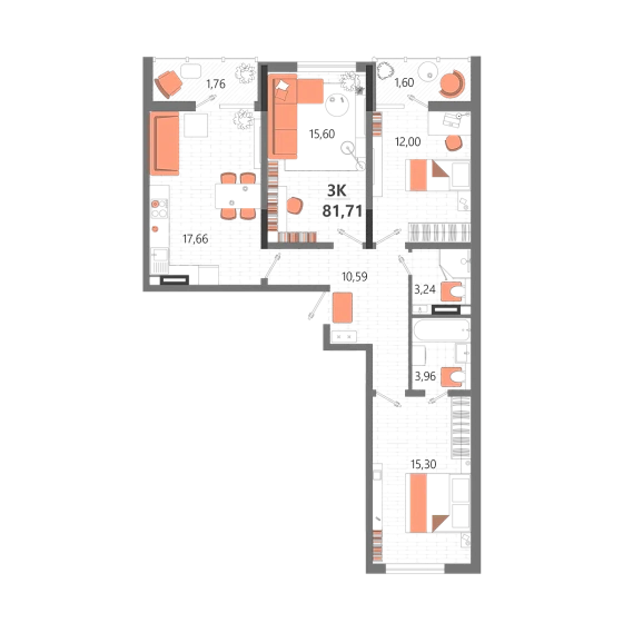 Квартира 3-комн. 81.71 кв. м