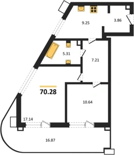 Апартаменты 2-комн. 70.28 кв. м
