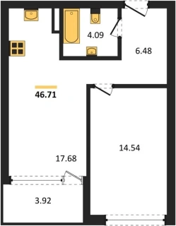 Квартира 1-комн. 46.71 кв. м