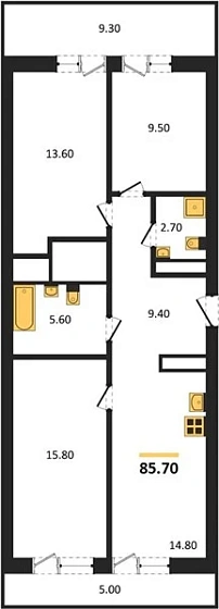 Квартира 3-комн. 85.7 кв. м