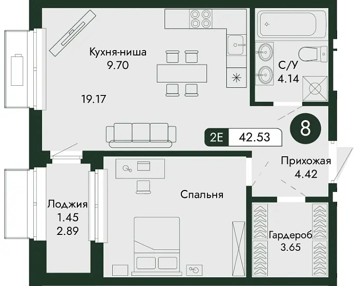 Квартира 1-комн. 42.53 кв. м
