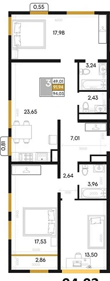 Квартира 3-комн. 94.03 кв. м