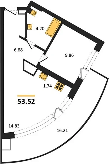 Апартаменты 1-комн. 53.52 кв. м