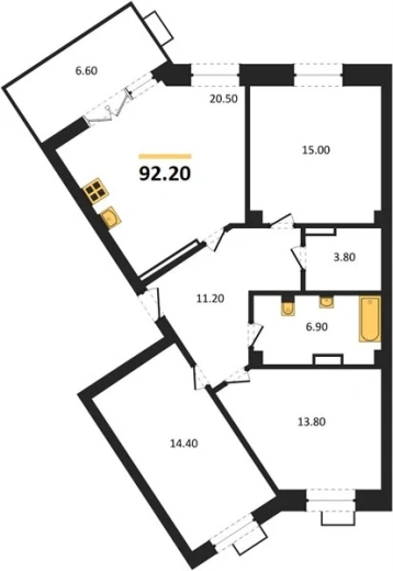 Квартира 3-комн. 92.2 кв. м