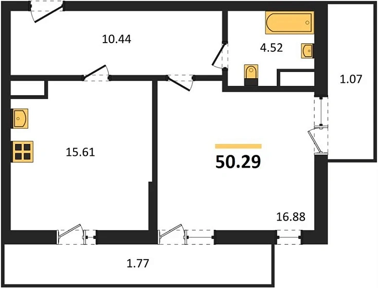 Квартира 1-комн. 50.29 кв. м
