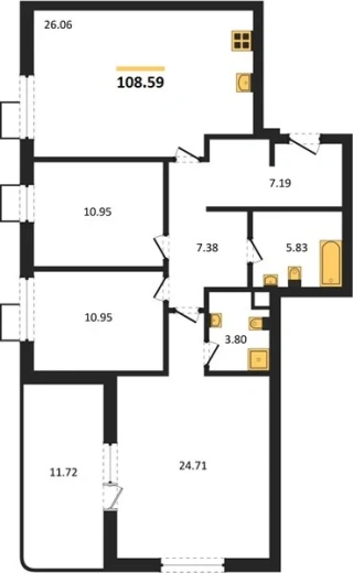 Квартира 3-комн. 108.59 кв. м