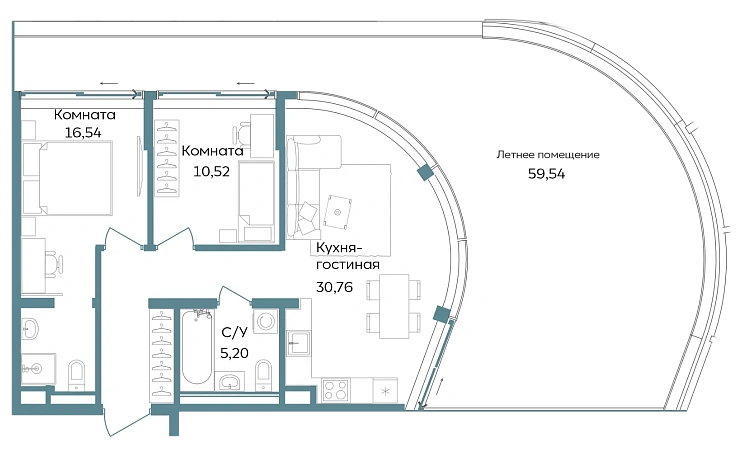 Апартаменты 2-комн. 122.56 кв. м