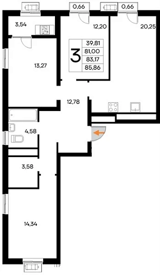 Квартира 3-комн. 85.86 кв. м