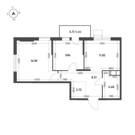 Квартира 2-комн. 55.21 кв. м