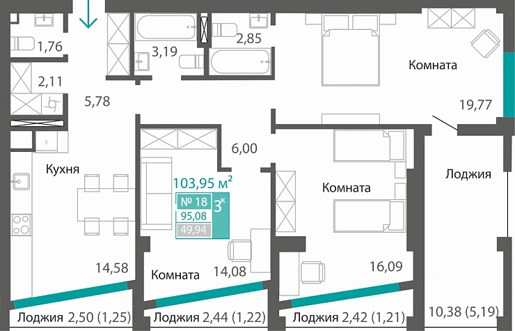 Квартира 3-комн. 95.08 кв.м