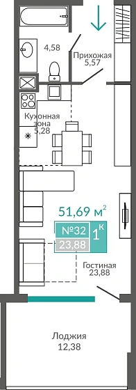 Апартаменты 1-комн. 51.69 кв.м