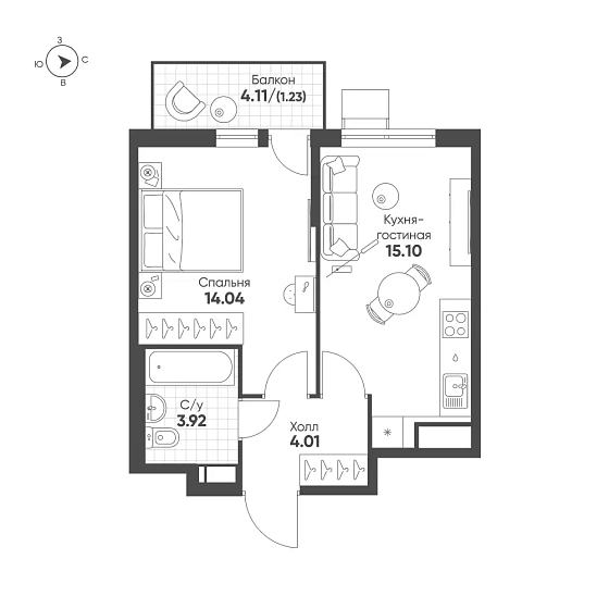 Квартира 1-комн. 38.21 кв. м