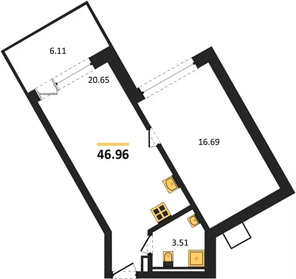 Апартаменты 1-комн. 46.96 кв. м