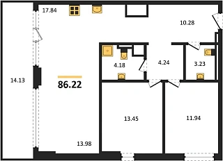 Квартира 3-комн. 86.22 кв. м