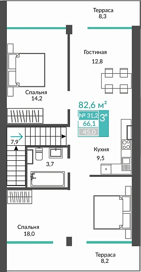 Апартаменты 3-комн. 82.6 кв.м