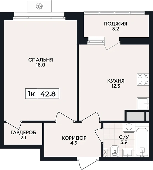 Квартира 1-комн. 42.8 кв. м