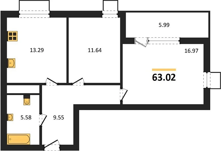 Квартира 2-комн. 63.02 кв. м