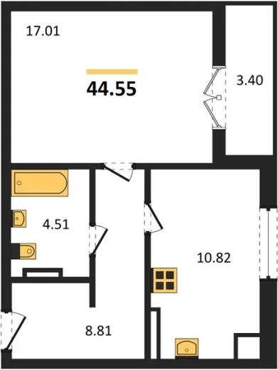 Квартира 1-комн. 44.55 кв. м