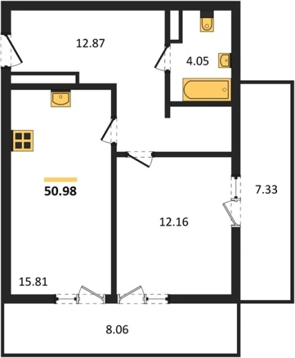 Квартира 1-комн. 50.98 кв. м
