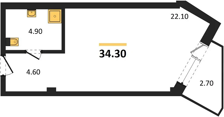 Апартаменты 1-комн. 34.3 кв. м