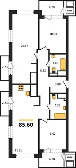 Квартира 3-комн. 85.6 кв. м
