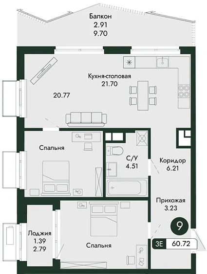 Квартира 2-комн. 60.72 кв. м