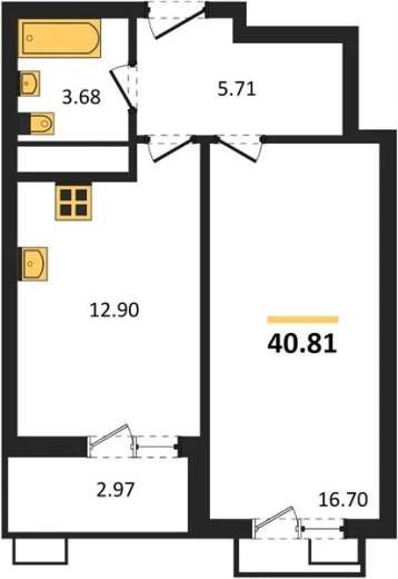 Квартира 1-комн. 40.81 кв. м