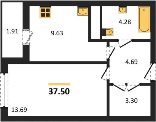 Квартира 1-комн. 37.5 кв. м