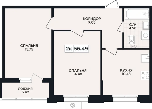 Квартира 2-комн. 56.49 кв. м