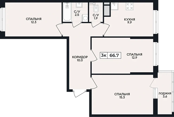 Квартира 3-комн. 66.7 кв. м