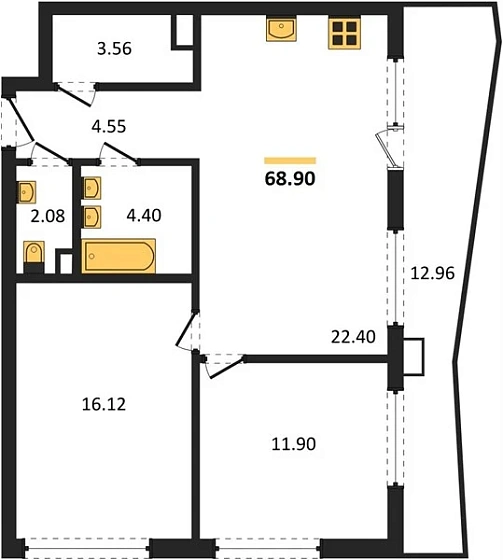 Квартира 2-комн. 68.9 кв. м