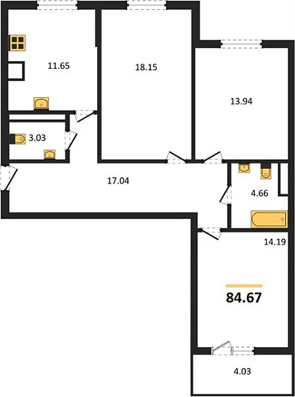 Квартира 3-комн. 84.67 кв. м