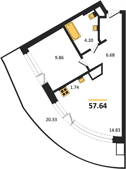 Апартаменты 1-комн. 57.64 кв. м