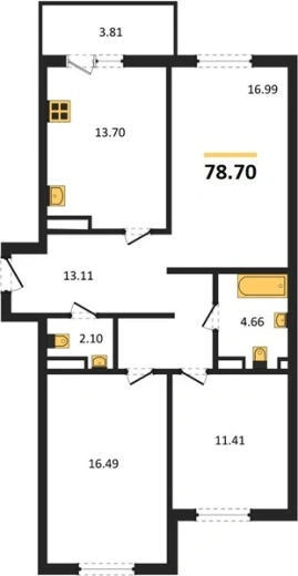 Квартира 3-комн. 78.7 кв. м