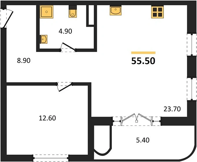 Квартира 1-комн. 55.5 кв. м