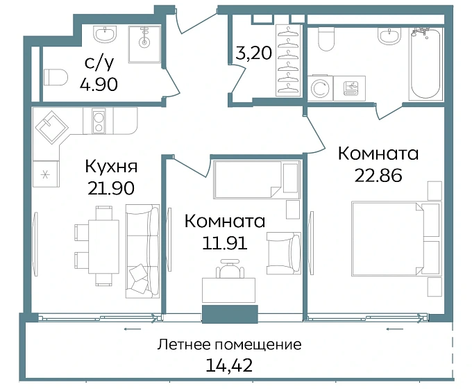 Апартаменты 3-комн. 79.19 кв. м