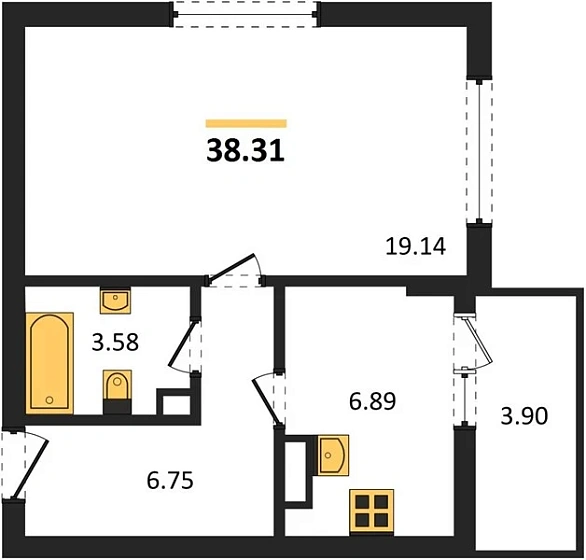 Квартира 1-комн. 38.31 кв. м