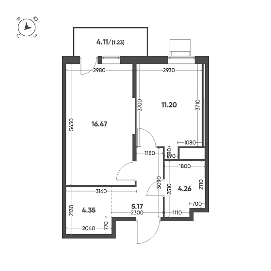 Квартира 1-комн. 42.68 кв. м