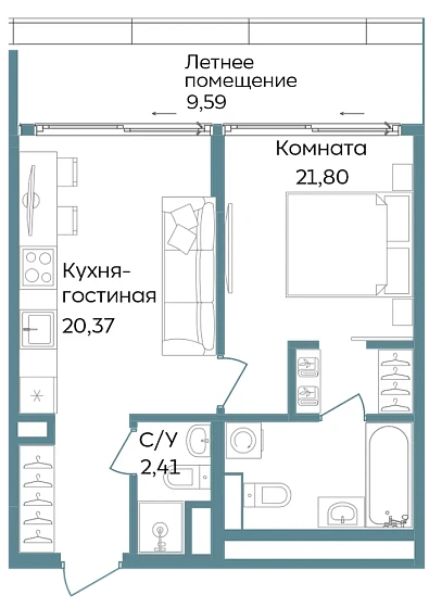 Апартаменты 2-комн. 54.17 кв. м