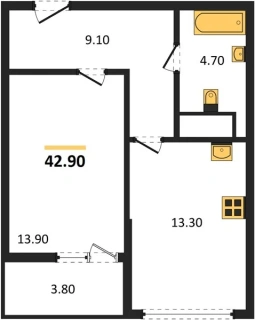 Квартира 1-комн. 42.9 кв. м