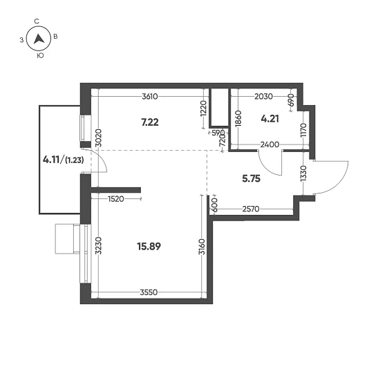 Квартира 1-комн. 34.3 кв. м